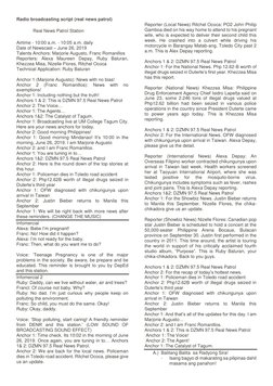 Radio broadcasting script (real news patrol) 
 
Real News Patrol Station  
Airtime - 10:00 a.m. - 10:05 a.m. daily  
Date of