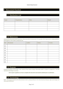 Solution Design Document 
 
 
 
Page 5 of 13 
1 Document Control  
 
1.1 Distribution List 
 
Name 
Organisation 
Role 
Ema