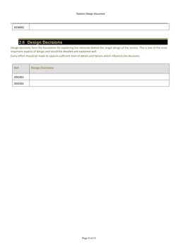 Solution Design Document 
 
 
 
Page 9 of 13 
DCN002 
 
 
2.6 Design Decisions 
Design decisions form the foundation for ex