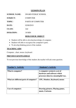 LESSON PLAN 
SCHOOL NAME: 
SWARN PUBLIC SCHOOL 
SUBJECT:  
 
COMPUTER               
TOPIC: 
 
 
PARTS OF COMPUTER 
DATE: