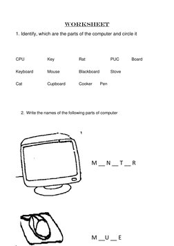 WORKSHEET 
1. Identify, which are the parts of the computer and circle it 
 
 
CPU 
 
 
Key  
 
Rat  
 
PUC  
Board 
Keyboard