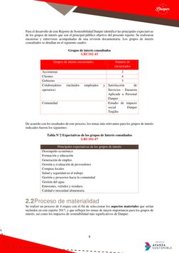 8 
 
 
Para el desarrollo de este Reporte de Sostenibilidad Danper identificó las principales expectativas 
de los grupos