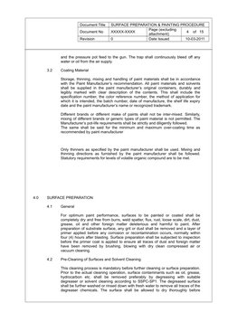 Document Title
SURFACE PREPARATION & PAINTING PROCEDURE
Document No
XXXXX-XXXX
Page (excluding 
attachment)
4    of   15
Revi