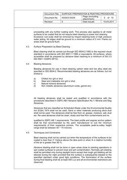 Document Title
SURFACE PREPARATION & PAINTING PROCEDURE
Document No
XXXXX-XXXX
Page (excluding 
attachment)
5    of   15
Revi
