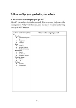 9 
3. How to align your goal with your values 
 
a. What would achieving my goal get me?  
Identify the values behind your