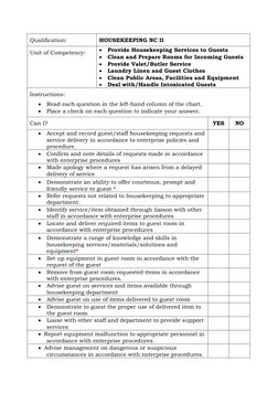 Housekeeping NC II Assessment Guide | PDF | Housekeeping | Bed