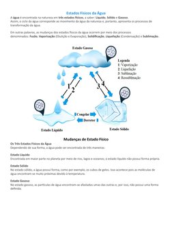 Estados Físicos da Água
A água é encontrada na natureza em três estados físicos, a saber: Líquido, Sólido e Gasoso.
Assim, o