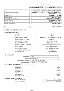 Página 2
FORMATO FE - 01
MEMORIA DESCRIPTIVA INFORME MENSUAL
Nombre del Proyecto /Actvidad:
Unidad Ejecutora
GERENCIA DE INFR