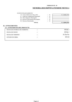 Página 3
FORMATO FE - 01
MEMORIA DESCRIPTIVA INFORME MENSUAL
FUENTE FINANCIAMIENTO
18
Canon, Sobrecanon, Reg y Part.
: 
S/.
S