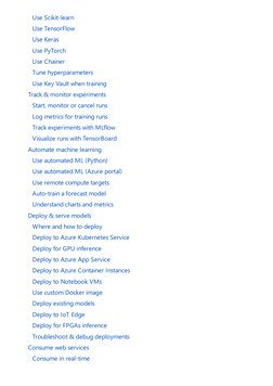 Use Scikit-learn
 Use TensorFlow
 Use Keras
 Use PyTorch
 Use Chainer
 Tune hyperparameters
 Use Key Vault when training
 Tr