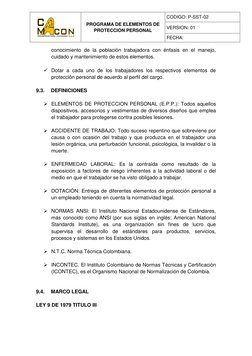 PROGRAMA DE ELEMENTOS DE 
PROTECCIÓN PERSONAL 
 
CODIGO: P-SST-02 
VERSION: 01 
FECHA:  
 
conocimiento de la población t
