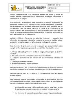 PROGRAMA DE ELEMENTOS DE 
PROTECCIÓN PERSONAL 
 
CODIGO: P-SST-02 
VERSION: 01 
FECHA:  
 
manera complementaria a las an