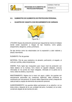 PROGRAMA DE ELEMENTOS DE 
PROTECCIÓN PERSONAL 
 
CODIGO: P-SST-02 
VERSION: 01 
FECHA:  
 
 
 
9.5. 
SUMINISTRO DE ELEMEN