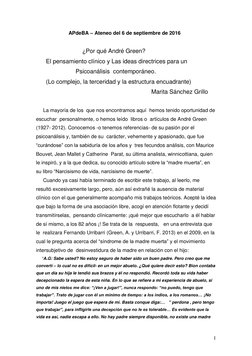 1 
                       APdeBA – Ateneo del 6 de septiembre de 2016 
 
 
                            ¿Por qué André Green
