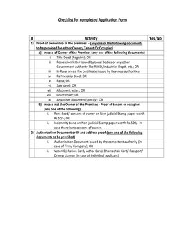 Checklist for completed Application Form 
 
# 
Activity 
Yes/No 
1)  Proof of ownership of the premises: - (any one of the fo