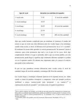 6 
tipo de vocal 
duración (en centésimo de segundo) 
1. vocal corta 
5-10 
(I. nivel de cantidad) 
2. vocal semilarga 
10-