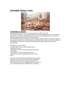 INFORME PRESA TOUS. 
 
cronología y causas. 
la ruptura de la presa Tous ocurrió el 20 de octubre de 1982 a las 19:15. 
Las c