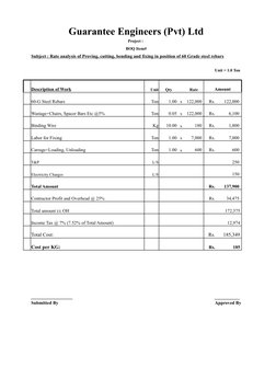 Rate Analysis for 60 Grade Steel Rebars | PDF