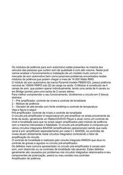 Os módulos de potência para som automotivo estão presentes na maioria dos 
veículos das pessoas que curtem som de qualidade e