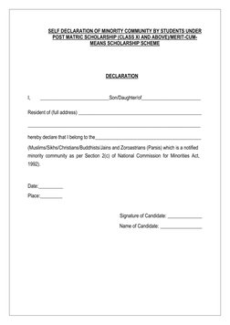 SELF DECLARATION OF MINORITY COMMUNITY BY STUDENTS UNDER 
POST MATRIC SCHOLARSHIP (CLASS XI AND ABOVE)/MERIT-CUM-
MEANS SCHOL