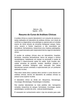 Itabuna – Ba
Agosto – 2018
Resumo do Curso de Análises Clínicas
A análise clínica ou exame laboratorial é um conjunto de exam