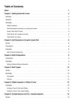Table of Contents
About
1
Chapter 1: Getting started with cmake
2
Remarks
2
Versions
2
Examples
3
CMake Installation
3
Switch