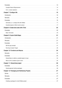 Examples
14
Compile Feature Requirements
14
C/C++ version selection
14
Chapter 7: Configure file
16
Introduction
16
Remarks
1