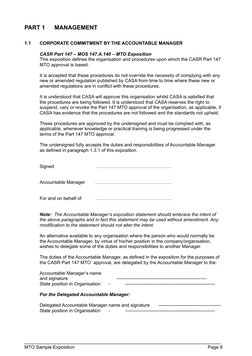 PART 1
MANAGEMENT
1.1
CORPORATE COMMITMENT BY THE ACCOUNTABLE MANAGER
CASR Part 147 – MOS 147.A.140 – MTO Exposition
This exp