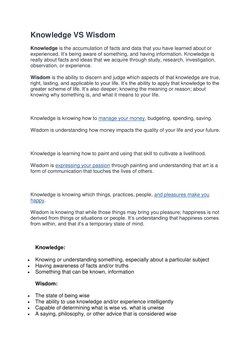 Knowledge VS Wisdom  
Knowledge is the accumulation of facts and data that you have learned about or 
experienced. It’s being