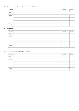 6. 
Medio Ambiente: (un solo logro – personal) Servicio 
LOGRO   
Fecha 
Check 
Ser 
 
 
 
Hacer 
 
 
 
 
 
 
 
 
 
 
 
Ten