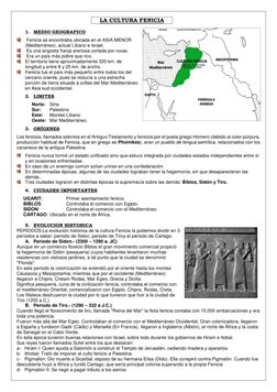 LA CULTURA FENICIA 
 
1. MEDIO GEOGRAFICO 
 
  Fenicia se encontraba ubicada en el ASIA MENOR 
(Mediterráneo), actual Líbano