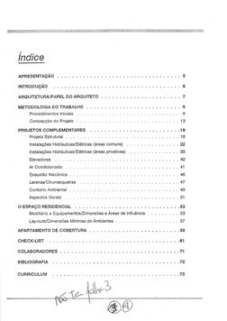 índice 
APRESENTAÇÃO 
5 
INTRODUÇÃO 
. 
6 
ARQUITETURA/PAPEL DO ARQUITETO . . 
. 7 
METODOLOGIA DO TRABALHO 
9 
Procedimentos