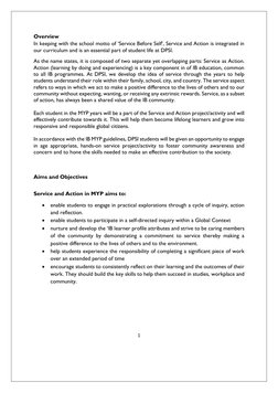 1 
 
 
 
 
Overview 
In keeping with the school motto of ‘Service Before Self’, Service and Action is integrated in 
our curr