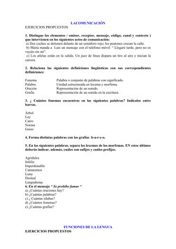 LACOMUNICACIÓN
EJERCICIOS PROPUESTOS
1. Distingue los elementos / emisor, receptor, mensaje, código, canal y contexto ) 
que