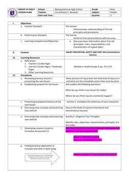 GRADE VII DAILY 
LESSON PLAN 
School 
Balong National High School 
Grade 
Nine 
Teacher 
ino Anthony C. Banatao 
Subject 
Hea