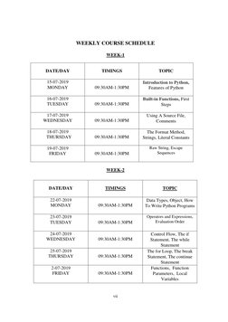 WEEKLY COURSE SCHEDULE 
 
WEEK-1 
 
 
DATE/DAY 
 
TIMINGS 
 
TOPIC 
15-07-2019 
MONDAY 
 
09:30AM-1:30PM 
Introduction to