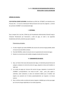 Sumilla: PRECURSO DE RECONSIDERACIÓN CONTRA LA
RESOLUCIÓN # 15033112019001680
SEÑORES DE SEDAPAL:
FLOR CRISTINA GOMEZ GUEVARR