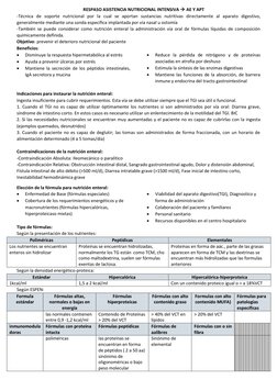 RESPASO ASISTENCIA NUTRICIONAL INTENSIVA  AE Y APT  
-Técnica de soporte nutricional por la cual se aportan sustancias nutri