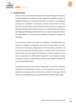 INFORME PRELIMINAR DE EVALUACION DE RIESGO N°043 
 
1 
 
1. INTRODUCCIÓN 
Dentro del marco del “Sistema Nacional de Gesti
