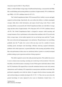8 
Interpretive report for WISC IV - Priya Chawla                                                       
 
 
Tanishqa Arora