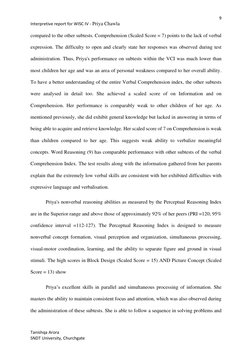 9 
Interpretive report for WISC IV - Priya Chawla                                                       
 
 
Tanishqa Arora