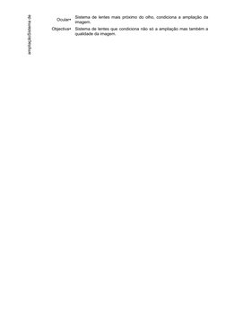 Sistema de
ampliação
Ocular
Sistema de lentes mais próximo do olho, condiciona a ampliação da
imagem.
Objectiva
Sistema de
