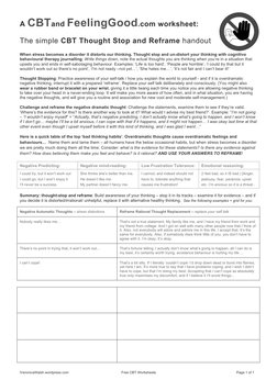 iVeronicaWalsh.wordpress.com 
Free CBT Worksheets 
Page 1 of 1 
A CBTand FeelingGood.com worksheet: 
The simple CBT Thought S