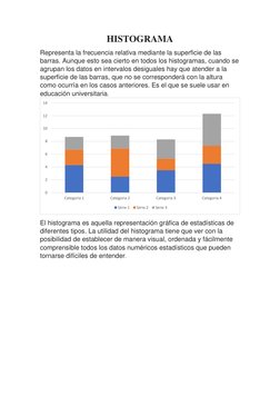 HISTOGRAMA 
Representa la frecuencia relativa mediante la superficie de las 
barras. Aunque esto sea cierto en todos los hist