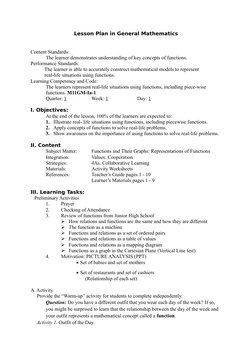 Lesson Plan in General Mathematics
Content Standards: 
The learner demonstrates understanding of key concepts of functions.
P