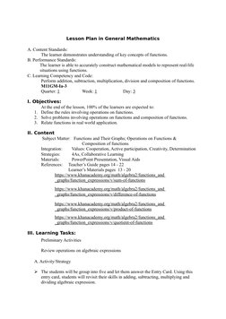 Lesson Plan in General Mathematics
A. Content Standards: 
The learner demonstrates understanding of key concepts of functions