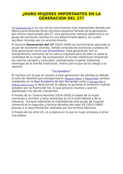 ¿HUBO MUJERES IMPORTANTES EN LA
GENERACIÓN DEL 27?
La Generación del 27 es uno de los movimientos mas importantes dictado por