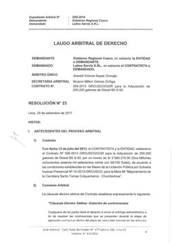 Expediente Arbitral N°
Demandante
Demandado
1250-2016
Gobierno Regional Cusco
Latino Servis S.R.L.
LAUDO ARBITRAL
DE DERECHO