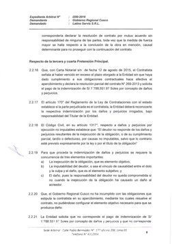 Expediente Arbitral N°
Demandante
Demandado
1250-2016
Gobierno Regional Cusca
Latino Servís S.R.L.
correspondería
declarar
la