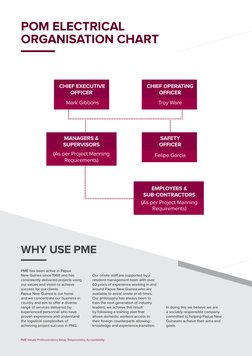 pom eLeCtrICaL 
organISatIon CHart
PME has been active in Papua
New Guinea since 1968 and has
consistently delivered projects